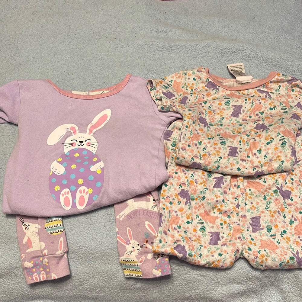 Two pair of Spring Pajamas Size 4T. Really cute!! Purple Bunny & a multi color